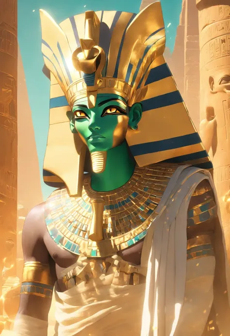 (((Osiris with pharaohs crown))) best quality, very high resolution, 4K detailed CG, masterpiece, Egyptian mythology, Osiris,green skin, Egyptian temple,Ancient Egypt,sunlight,white clothes, Egyptian clothes , desert,mummy, ((standing pose)), aesthetic , B...