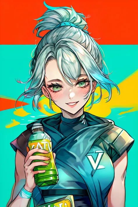 jett /(valorant/), video game like, woman, (front facing), best quality, smiling, holding gatorade bottle, bottle in hand, energ...