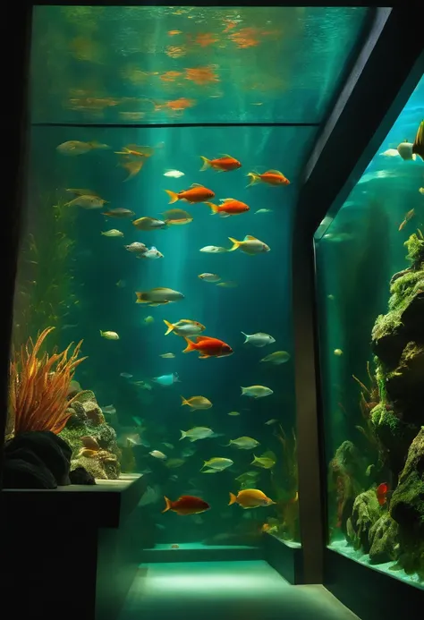 A very large aquarium，It is full of all kinds of fish，All behind glass，extremely colorful，There is a long corridor outside the glass，dimly lit，Pure scene，down view