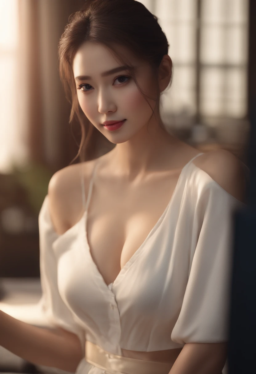 (8K, highest quality, masterpiece: 1.3), (realistic, photorealistic: 1.4), ultra high definition, 1 girls, (japanese female), 18 years old, (high-definition cute face), (large breast), (cleavage), white bra, slender body, closed mouth, brown hair, ponytail...