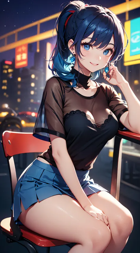 top-quality、Top image quality、​masterpiece、girl with((18year old、Best Bust、Medium bust、Bust 85,Beautiful blue eyes、Breasts wide open,Black Short Sleeve T-Shirt、White see-through、Black short skirt、Ponytail with black hair、Smile Face、Beautiful blue earrings、...