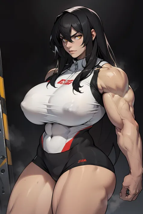 (bodybuilder) pale skin yellow eyes black hair very long hair 1girl huge breasts dark atmosphere thick thighs