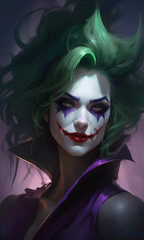 joker woman with green hair and makeup in a purple dress, steven artgerm lau, stanley artgerm lau, artgerm detailed, artgerm portrait, artgerm greg rutkowski _ greg, artist artgerm i and wlop, artgerm and warren louw, artgerm lau, wlop | artgerm