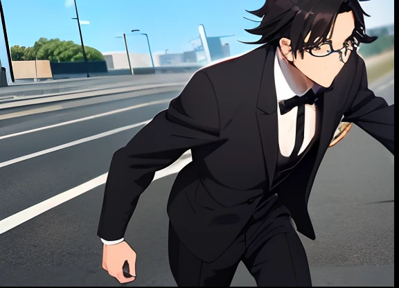 a high school boy ( brown eyes, black long messy hair, round face, wearing a slim fit black suit like a soul reaper, taller than average height, wearing spectacles) running left ( busy road with vehicles and blue sky above)