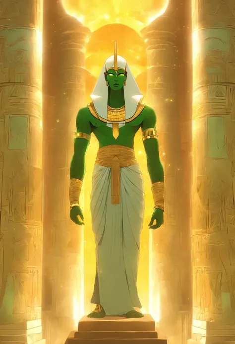 (((Osiris))) best quality, very high resolution, 4K detailed CG, masterpiece, Egyptian mythology, Osiris,green skin, Egyptian temple,Ancient Egypt,sunlight,white clothes, Egyptian clothes, desert,mummy , ((standing pose)), aesthetic , Beautiful image, cent...