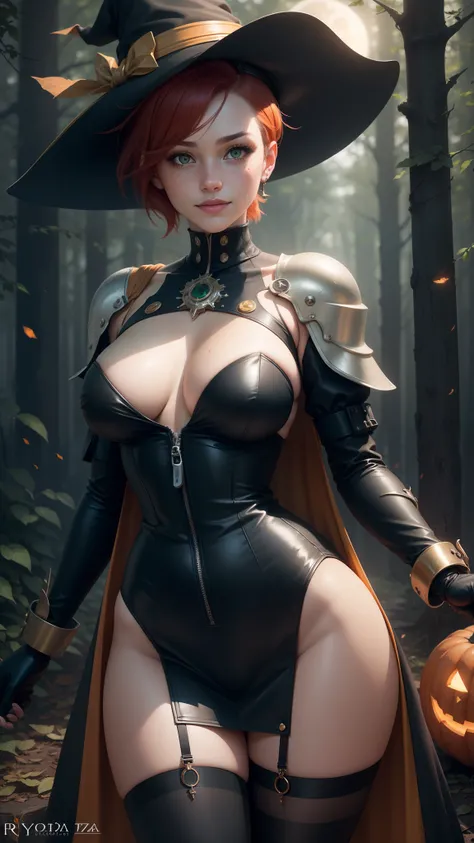 gwen tennyson,tracer,yorha 2b,rebecca chambers,atelier ryza,nier automata,1girl, close up,mecha pilot,halloween forest, gold and orange plugsuit,hair pin,pirate corset,silver long sleeve lycra top,steel leggings,short hair,cute makeup, green eyes,red and g...