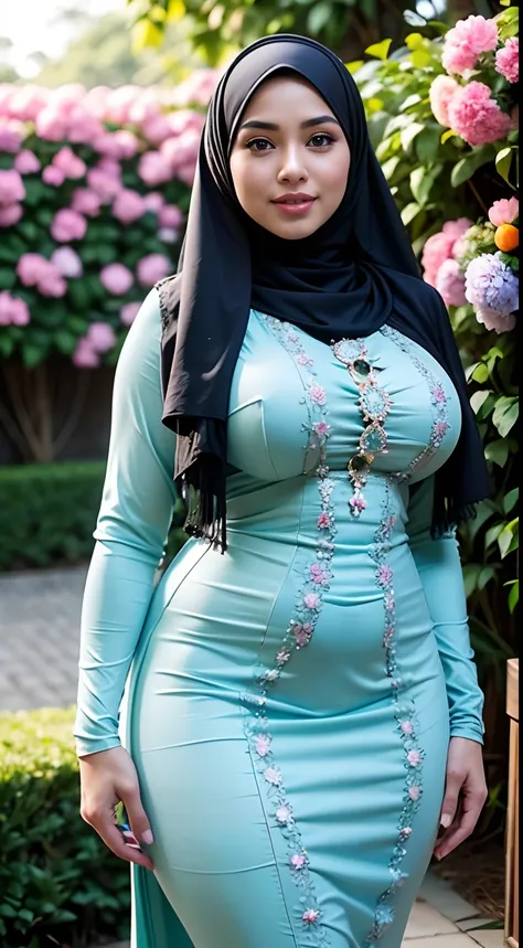 raw, best quality, high resolution, masterpiece: 1.3), beautiful malay woman in hijab, masterpiece, perfect slim body, ((big bre...