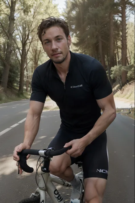 Masterpiece, highres, (1boy, slim, 28yo), messy hair, goatee, cycling uniform, using a  bicicle, speed, , effort face, sweaty, road, trees, valley, surrounded by cyclists, sunny