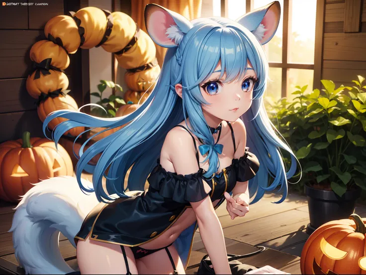 In the Halloween Forest、There is a small white rabbit with long ears,  White long ears、Im with a pretty girl with long blue hair。It is a cute and sexy outfit in white and blue and yellow。White panty　Dark eyes。cute forest creature, Cute mushrooms also grow、...