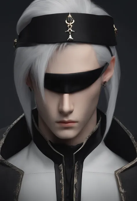 ((Best quality)), ((masterpiece)), ((realistic)), boy, white hair, black outfit, dark blindfold,