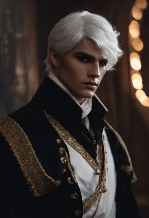 ((Best quality)), ((masterpiece)), ((realistic)), boy, white hair, black outfit, dark blindfold,