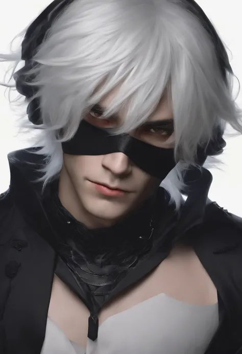 ((Best quality)), ((masterpiece)), ((realistic)), boy, white hair, black outfit, dark blindfold,