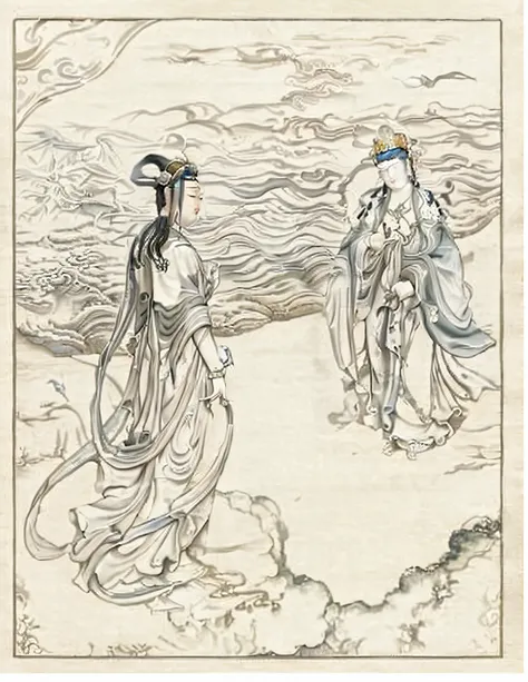 A painting of a woman in a long dress walking on the beach, guanyin of the southern seas, ruan jia and arthur rackham, inspired by Yun-Fei Ji, inspired by Tang Yin, Inspired by Qiu Ying, inspired by Tawaraya Sōtatsu, queen of the sea mu yanling, inspired b...