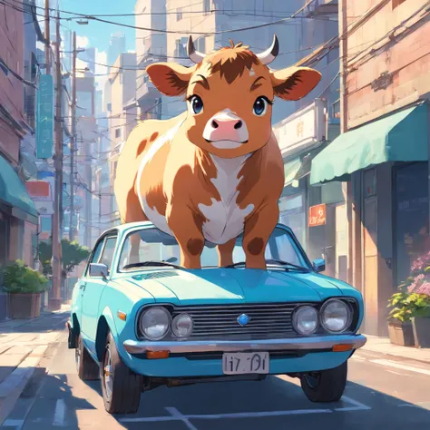 Quality, Amazing Details, Breathtaking studio shot, focused, funny baby cow resembling Pixtar, Grands yeux, He stands on the hood of the car denting the hood in the middle of a street., daytime