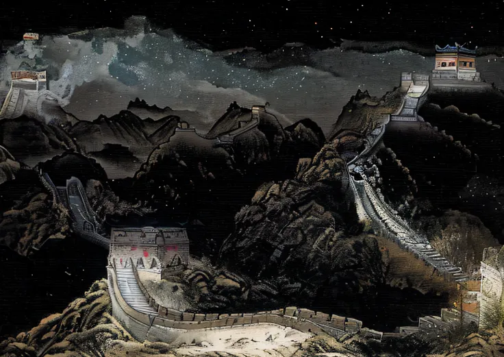 the night ，the great wall meanders to the top of the mountain ，light style ，traditional chinese painting