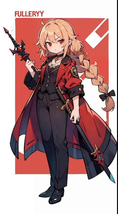 1 Youth, fullllbody, Character Design, Peachy Hair, 1 elongated braid, Red Eyes, High quality, sword holding, Holding a purple rapier in his left hand, Straight face, Cool, Sauce order, glamor, Mole in the corner of the left eye,number々Piercing, a black ch...