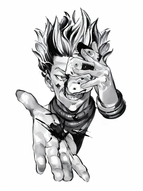 A drawing of a man holding a knife and a piece of pizza, Gatilho Estilo de Arte de Anime, Tetsuo futurista, striking manga artstyle, kentaro miura manga art style, hyper detailed manga drawing, black and white manga style, Shohei Otomo, Retrato de Hisoka H...