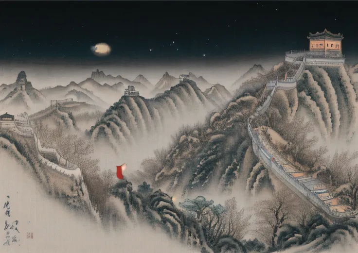 the night ，the great wall meanders to the top of the mountain ，light style ，traditional chinese painting