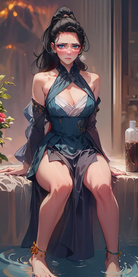 executive mishiro, (mature female:1.4), (black hair, long ponytail:1.6), embarrassed, blush face, makeup, heavy breathing, breasts, 1girl, solo, anklet, sitting, cleavage, detached_sleeves, barefoot, bare_shoulders, bracelet, water, large_breasts, looking_...