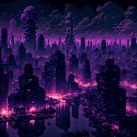 (best quality,4k,8k,a high resolution,masterpiece:1.2),deep black purple,color scheme:1.4),a huge cluster of cities with a sovie...