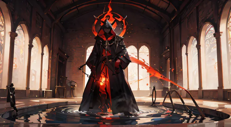 Inside the castle,humanoid demon,Summoned from the whirlpool,Red energy,Issued from the vortex,The demon wears a black hooded coat,Several long swords levitated beside him