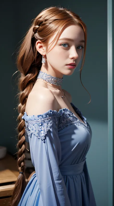 Sadie Sink, In the Lavate Movie, by Valerian Volochik, Erotic, 1girl in, Blue_Eyes, Blurry, Blurry_Background, braid, Choker, Depth_In the_field, Dress, earrings, Eyelashes, hitornfreckles, hair_Over_Shoulder, Jewelry, Lips, long_hair, long_sleeves, up loo...