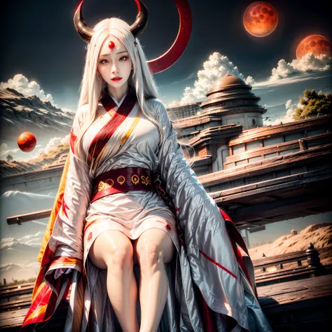 face lighting,bright backlight,super high resolution,best quality,Photos,4k,(Realistic:1.2),huiye,1girl,(kimono:1.1),(the third eye:1.3),horns,(pale skin:1.5),(white hair:1.2),long hair,(night:1.2),
(red moon:1.4),