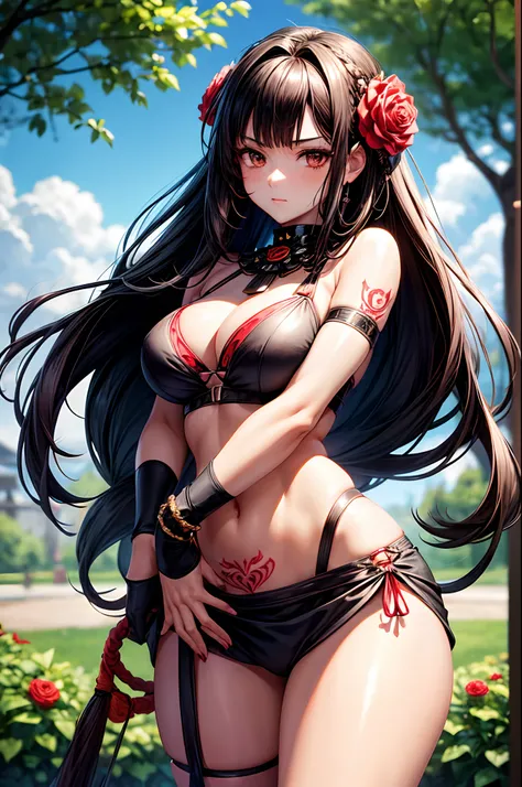 She has long dark brown/black hair that comes mid-way down her back with bangs in the front and long forelocks and brown eyes. She has a well-toned but surprisingly voluptuous figure. She is also one of the most fair-skinned, she wears a black headband wit...