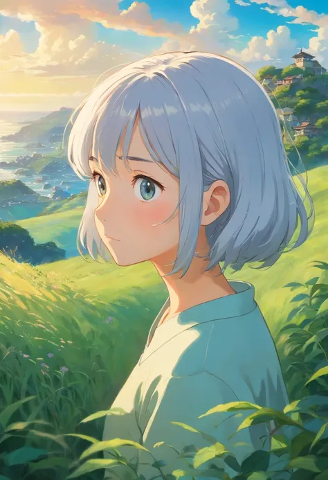 Produce a meticulously detailed depiction of a silver-haired girl standing before a captivating natural vista. Her hair should be rendered in an intricately messy yet artful fashion, suggesting a windswept and carefree demeanor. Pay keen attention to her f...