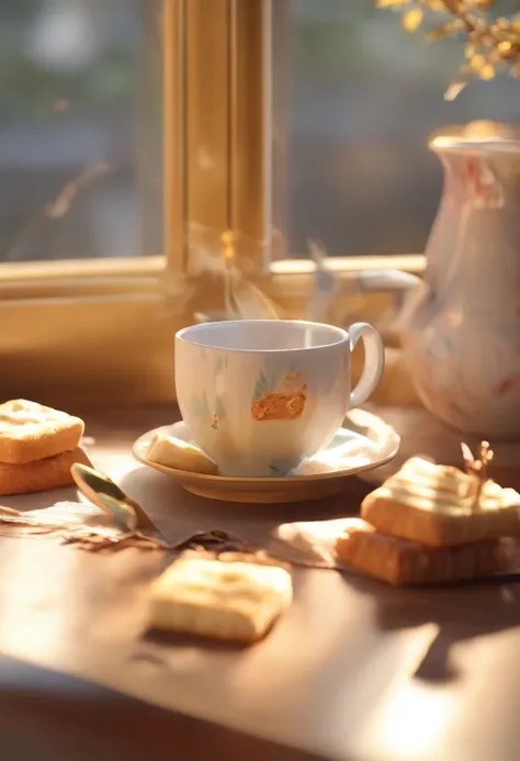 tmasterpiece:1.3, Photorealsitic, 8K, Creative teacups, Large white cup of tea, There are pictures of 2 miniature shortbread on the side,, An old camera, Perspective from above, The light from the back window is backlighted, warm color, Single focus