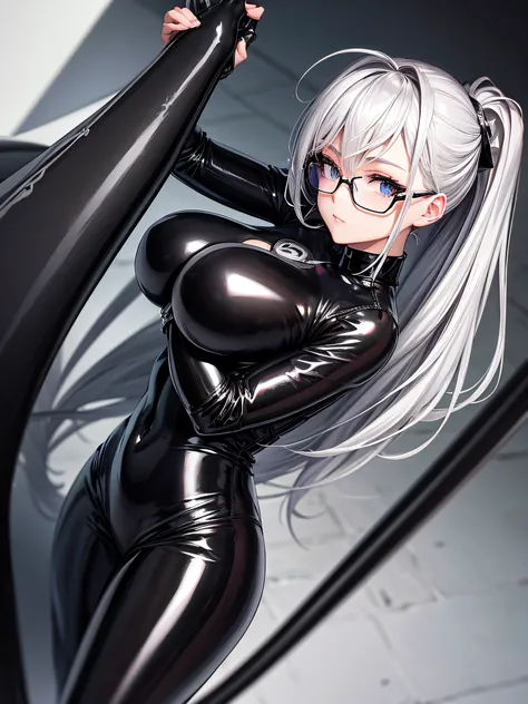 5 8K UHD、Silver-haired beauty wearing glasses and black latex slider suit is turning around with her butt facing、Shiny black latex slider suit with hidden skin、Black metallic buttocks