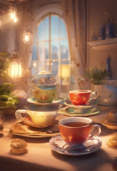 tmasterpiece:1.3, Photorealsitic, 8K,Creative printing of "Joy Gift" teacups，Tea， There are pictures of 2 miniature shortbread on the side,An old camera, Perspective from above, The light from the back window is backlighted, warm color, Single focus