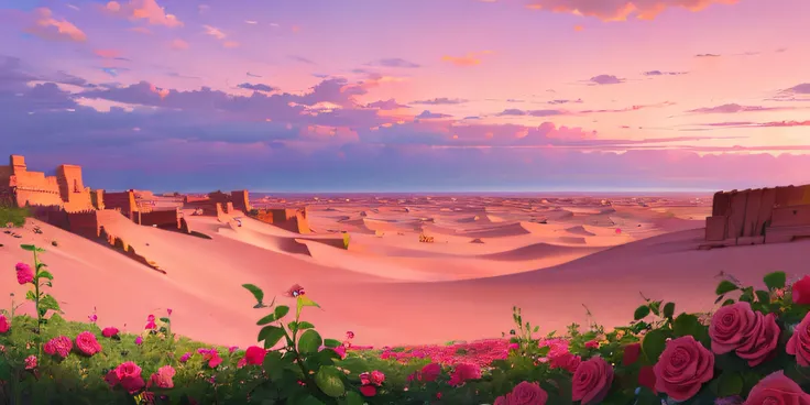 Summer, desert, pink clouds, a land overgrown with roses, James Gurney, art station rendering, ultra-wide lens, high definition