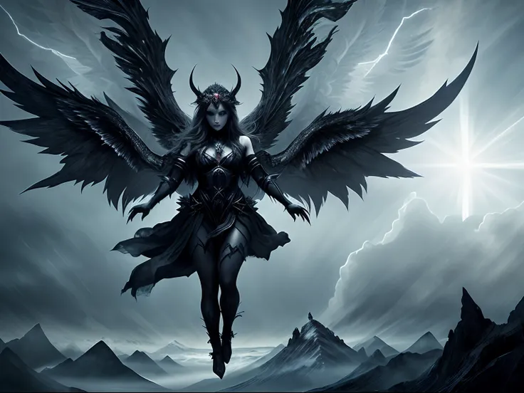 Image of a devilish female fallen angel demon suspended in the air in the, Image background there is an angelic landscape, Embracing a male angel of Light suspended in the air in the background of the image a landscape of divided Hell,