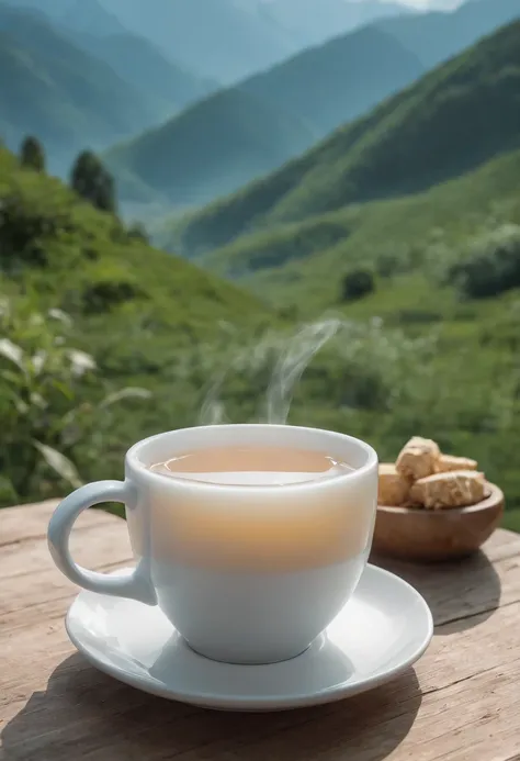 A cup of hot tea, A bowl of milk,farinha, Expressing the, En plein air, Mountain, Cinematic, Professional photography, Advertising photography, Intricate details, Hyper-detailed, Ultra photo realsisim, 8K  UHD