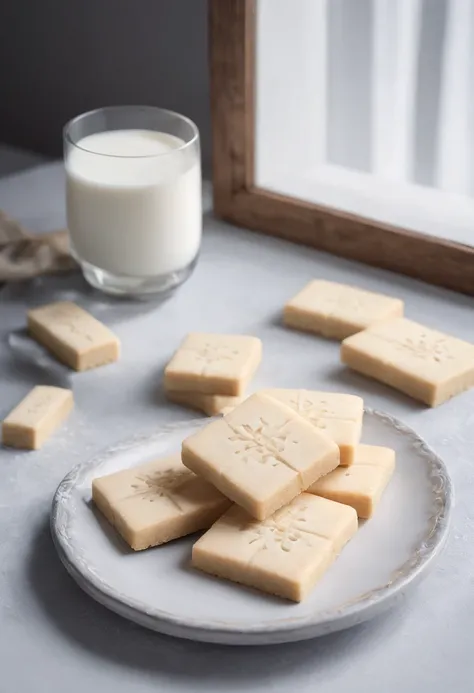 3 shortbread，A bowl of milk,farinha, Expressing the, beside the window, Mountain, Cinematic, Professional photography, Advertising photography, Intricate details, Hyper-detailed, Ultra photo realsisim, 8K  UHD