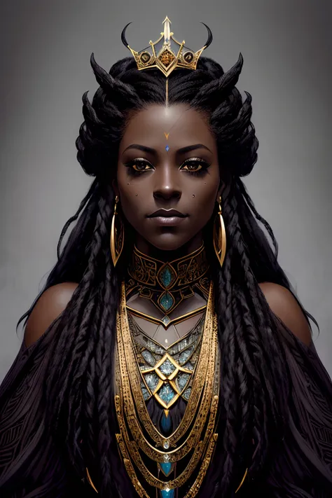 character design concept art, (dark skinned:1.3), evil, (regal), monarch, magnificent, posh, (dreds:0.9), high fantasy, portrait, perfect rendered face, perfect face details, grim, medium shot, by Richard Corben, by Miles Aldridge, by John Atkinson Grimsha...