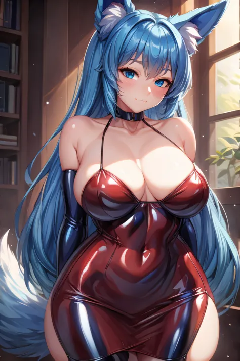 (Masterpiece) (High Detail) (High Res) A short humanoid girl with pale human skin and blue eyes and long blue hair and blue dog ears and a fluffy dog tail is wearing a latex red dress that clings to her figure and pushes up her breasts into cleavage.