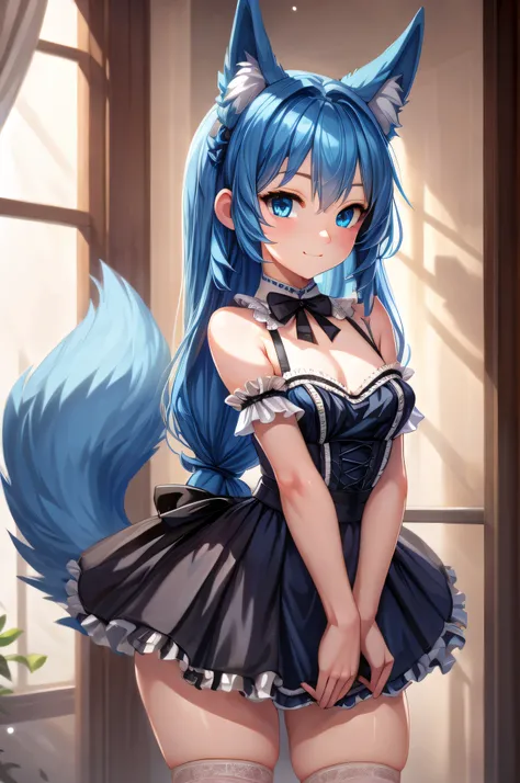 (Masterpiece) (High Detail) (High Res) A short petite humanoid girl with pale human skin and blue eyes and long blue hair and blue dog ears and a fluffy dog tail is wearing a french maid outfit. A black dress with white lace around the edges.