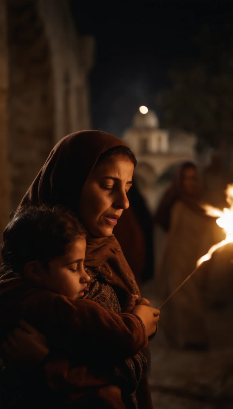 The city of Jerusalem being attacked by missiles, Terroristas palestinianos atacam pessoas, uma cena de medo e terror. Women and children crying