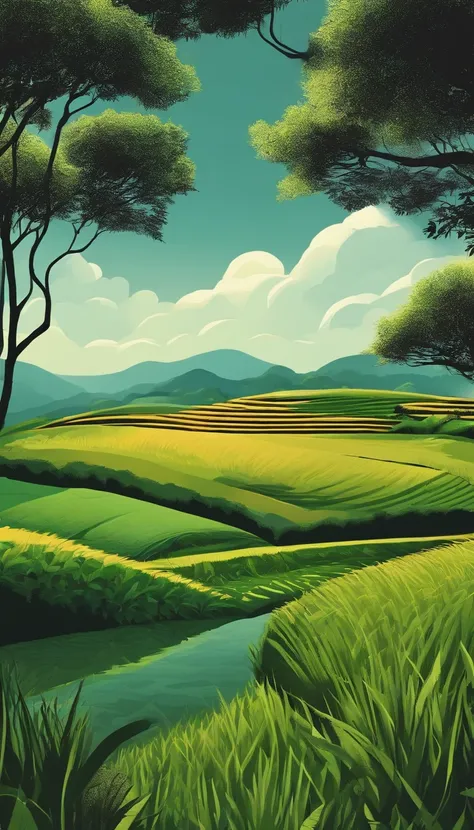 Outdoor illustration，Abstract style，ricefield， naturey， exteriors， Graphic illustration style， Complicated details， HD 16K