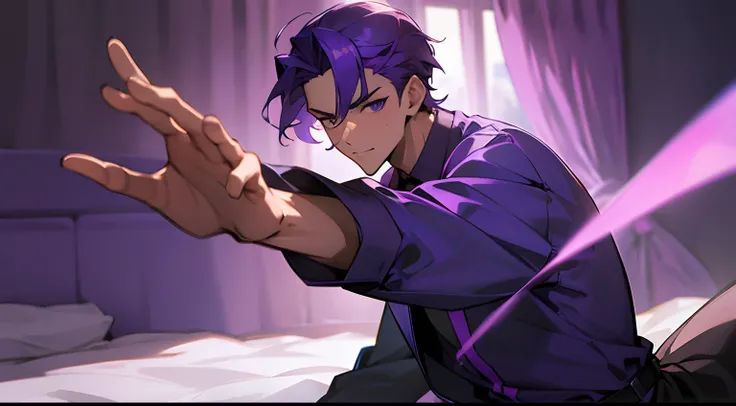 Handsome man with purple hair、Love hotel rooms、Y-shirts and slacks、Battle Pose、