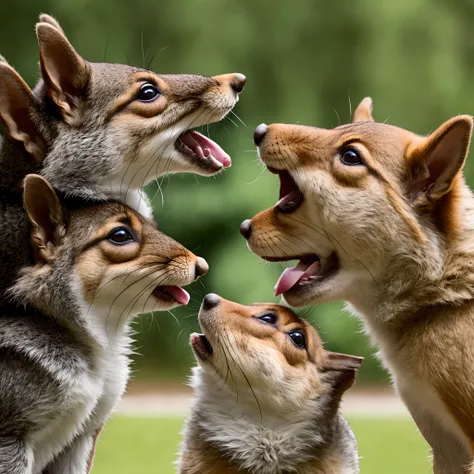 A squirrel booping the nose of a german shephard