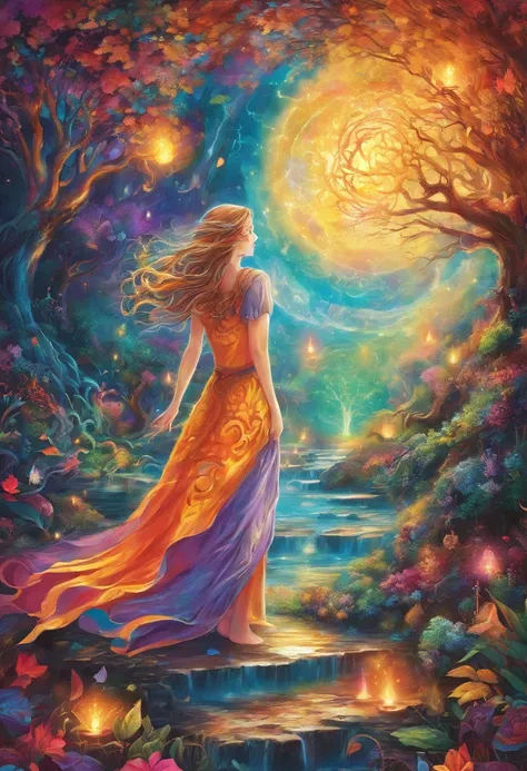 The girl who casts the mysterious glowing spell, Dream rainbow forest, Vibrant colors, Ethereal lighting, detailed foliage, Magical atmosphere, enchanting scenery, Fantastical Atmosphere, Shine brightly, Flowing robes, A wisp of magic, Ethereal creatures, ...