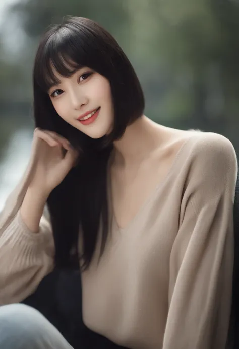 of the highest quality, masutepiece, Ultra High Resolution, Photorealistic,  off shoulders, knit, Smile, Smile, slightly visible,  Soft lighting, Detailed skin, Bangs, Black hair, Clear eyes, Short bob hair, Transparency, Japan, Korean, Beautiful woman, Up...