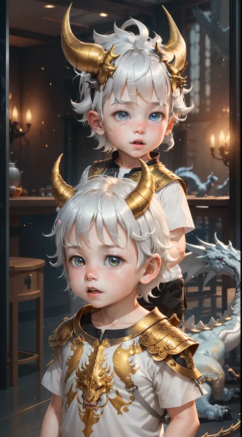 Silvery white haired toddler boy with golden dragon horns on head