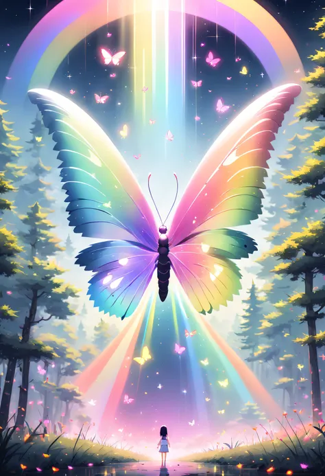 abstract paintings，black forest，moonlit background，fireflies surround a giant anthropomorphic rainbow butterfly，center compositi...