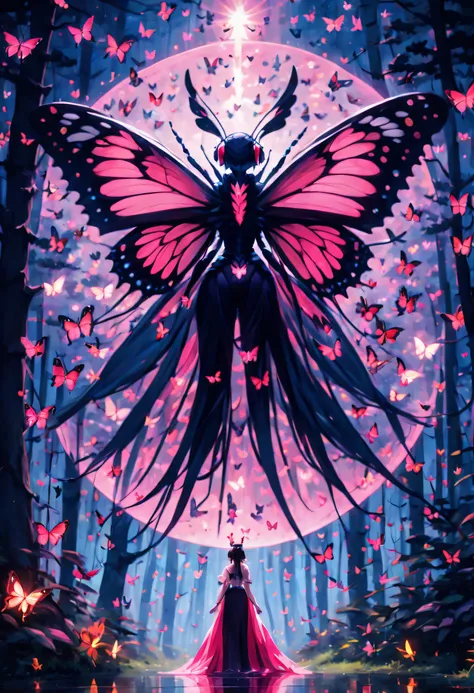 abstract paintings，pink forest，moonlit background，fireflies surround a giant anthropomorphic red butterfly，center composition，sy...