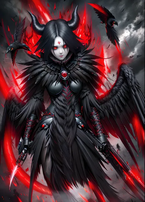 masterpiece, best quality, hight resolution, 独奏, raven,feathers , red eyes, malicious,  scary background, bird, demon, bloody ba...