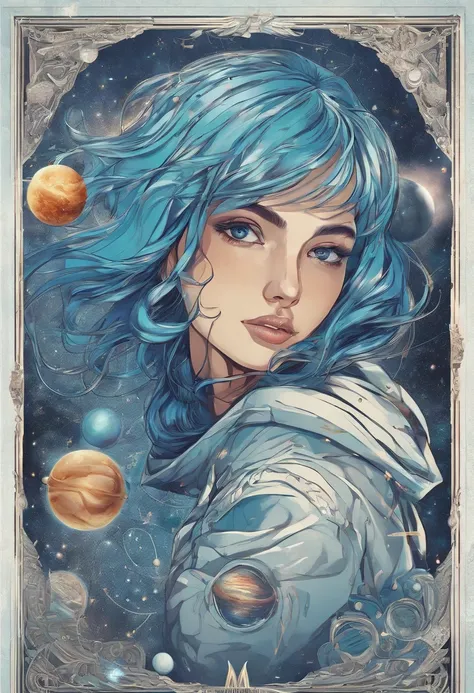 Best Quality, Detailed, 4K, Raw photo, masutepiece, Detailed face,, Stars, Planets, Galaxy, spaces,, Photo of Enisemar flying in space, Blue hair, Bangs, Long hair, Looking at Viewer,